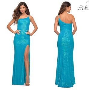 La Femme Bright Simple One Shoulder Long Sequin Evening Gown 0 Turquoise